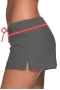 Women's Red Trim Gray Drawstring Side Vent Loose Fitting Swimsuit Shorts