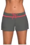 Women's Red Trim Gray Drawstring Side Vent Loose Fitting Swimsuit Shorts
