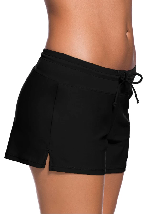 Women's Black Drawstring Side Vent Loose Fitting Swimsuit Shorts