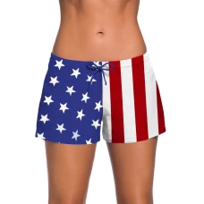 Women's Star-Spangled Banner Printed Drawstring Side Vent Loose Fitting Swimsuit Shorts