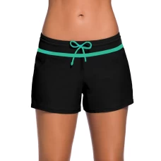 Women's Green Trim Black Drawstring Side Vent Loose Fitting Swimsuit Shorts