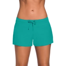 Women's Green Drawstring Side Vent Loose Fitting Swimsuit Shorts