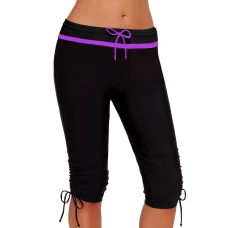 Women's Purple Stripe Mid Waist Skinny Rash Guard Bottom Shorts with Drawstring Folds