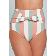 Women's Multicolor Stripes Print Front Tie High Waist Bikini Bottoms