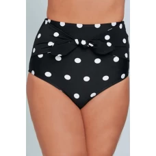 Women's Black Polka Dot Print Front Tie High Waist Bikini Bottoms