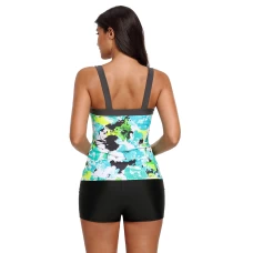 Women's Mint Abstract Printed Tummy Control Camisole Tankini Top
