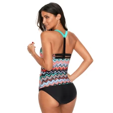 Women's Coral Blue Zigzag Print Y Back Strappy Detail Tankini Top