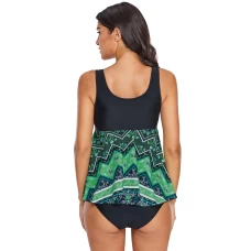 Women's Green Abstract Print Skirted Tankini Swim Top