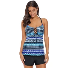 Women's Blue Crisscross and Strappy Detail Printed Tankini Top