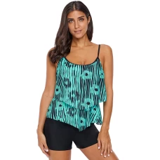 Women's Abstract Print Flowy Layered Square Neck Tankini Top