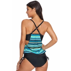 Women's Striped Blouson Overlay Cross Back Tankini Swimsuit Top