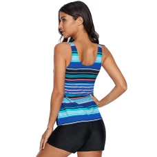 Women's Asymmetric Striped Splice Ruched Scoop Back Tank Top Swimwear