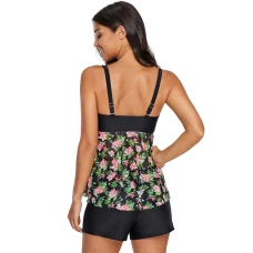 Women's Floral Lacy Flyaway Ruched Bandeau Tankini Top