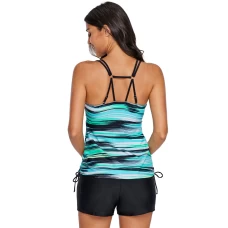 Women's Greenish Fuzzy Stripes Strappy Tankini Swimsuit Top