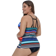 Women's O-ring Lattice Neck Multicolor Striped Strappy Back Tankini Top