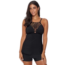 Women's Black Netted Hollow-out Tankini Swim Top