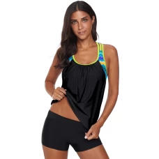 Women's Black Blouson Ruched Neck Striped Printed Strappy T-Back Push up Tankini Top
