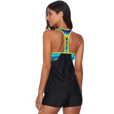 Women's Black Blouson Ruched Neck Striped Printed Strappy T-Back Push up Tankini Top