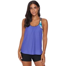 Women's Blue Blouson Ruched Neck Striped Printed Strappy T-Back Push up Tankini Top