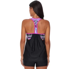 Women's Rose Blouson Ruched Neck Striped Printed Strappy T-Back Push up Tankini Top