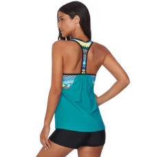 Women's Green Blouson Ruched Neck Striped Printed Strappy T-Back Push up Tankini Top