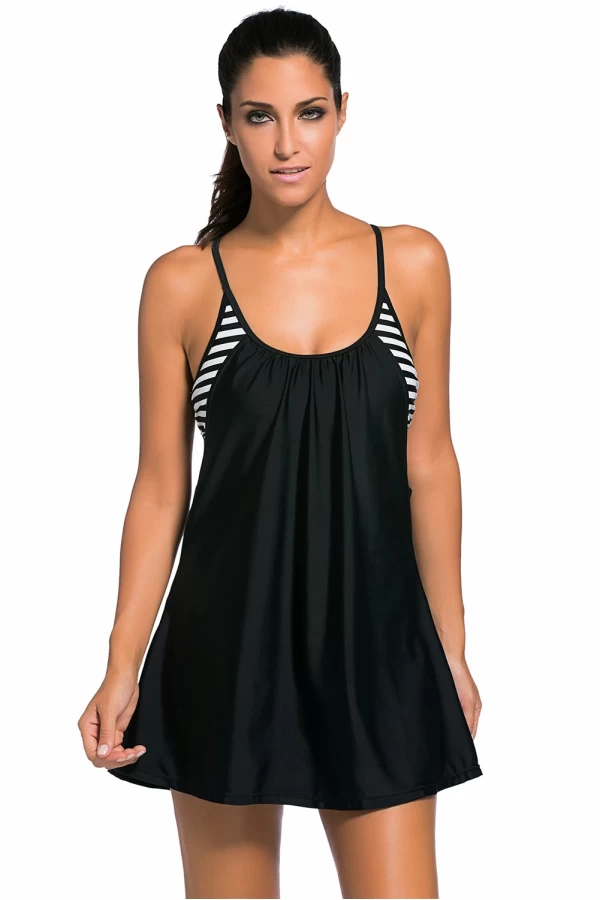 Women's Black Flowing Swim Dress Layered Racerback Tankini Top