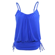 Women's Blue Ruched Scoop Neck Spaghetti Strap Tankini Swim Top