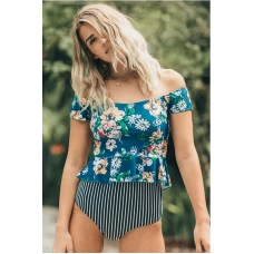 Women's Green Floral Print Ruffle Strapless Crop Swimsuit Top