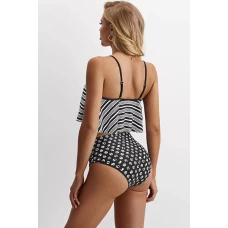 Womens 2Pcs Glowing Top and Striped Bottom High Waist Swimwear ​Set Gray