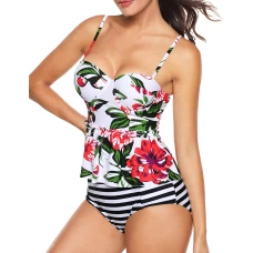 Womens White Floral Print Flounce Open Back 2Pc Tankini Swimsuit