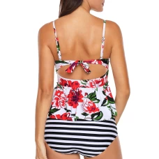 Womens White Floral Print Flounce Open Back 2Pc Tankini Swimsuit