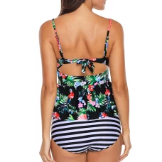 Womens Green Floral Print Flounce Open Back 2Pc Tankini Swimsuit