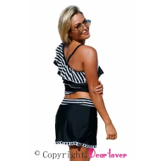Womens Striped Ruffle Asymmetric Shoulder 2Pc Tankini Swimsuit