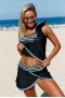 Womens Striped Ruffle Asymmetric Shoulder 2Pc Tankini Swimsuit