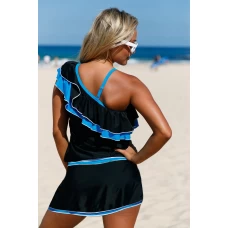 Womens Blue Ruffle Detail Asymmetric Shoulder 2Pc Tankini Swimsuit