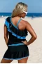 Womens Blue Ruffle Detail Asymmetric Shoulder 2Pc Tankini Swimsuit