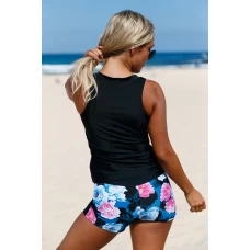 Womens Floral Zip Front Sleeveless Racerback Sporty 2Pc Tankini Swimsuit