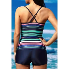Womens 2Pcs Rainbow Stripes U Neck Tankini Swimwear Set
