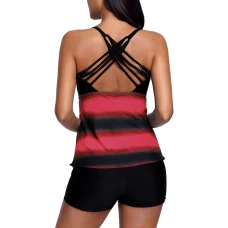 Womens Colorblock Strappy Hollow-out Back 2Pc Tankinis Rosy