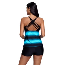 Womens Colorblock Strappy Hollow-out Back 2Pc Tankinis Blue