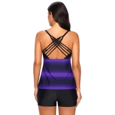 Womens Colorblock Strappy Hollow-out Back 2Pc Tankinis Purple 