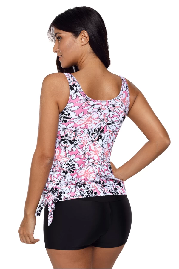 Womens 2Pc Pink Flower Print Tie Side Tankini Short Swimsuit Set