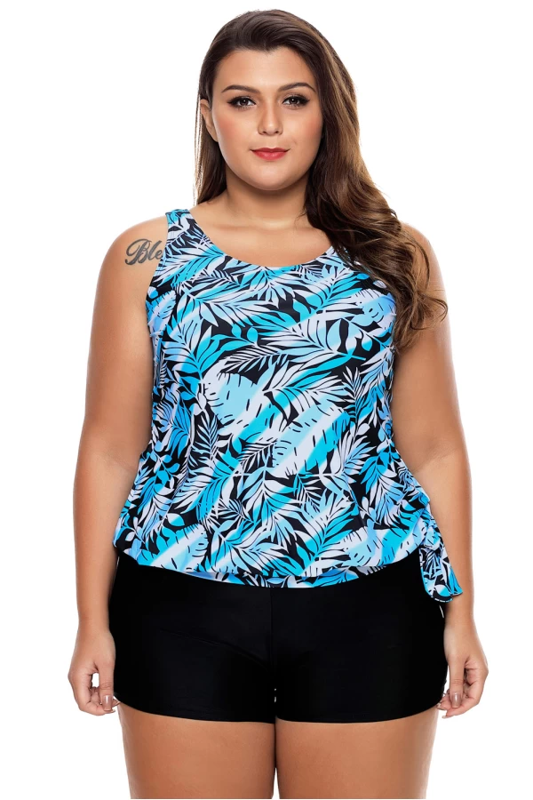 Womens 2Pc Blue Leaf Print Tie Side Tankini Short Swimsuit Set
