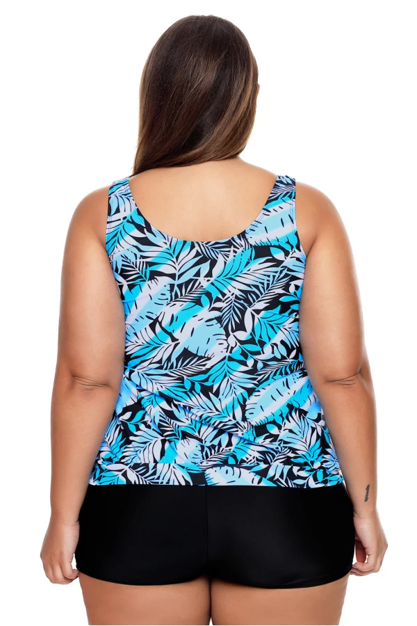 Womens 2Pc Blue Leaf Print Tie Side Tankini Short Swimsuit Set