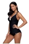 Womens Black Lace Adorned V Neck Halter 2Pc Tankini Swimsuit Set