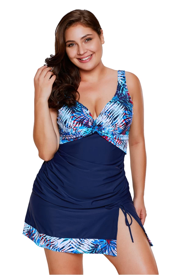 Womens Tropical Print Detail V Neck Navy Bathing Suit