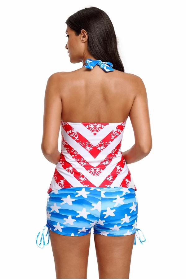 Womens 2Pc Patriot American Flag Pattern V Neck Open Back Tankini Swimsuit