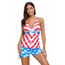 Womens 2Pc Patriot American Flag Pattern V Neck Open Back Tankini Swimsuit
