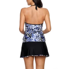 Womens Blue Dewdrop Print V-neck Open Back 2Pc Tankini Wrapped Skirt Swimsuit Set