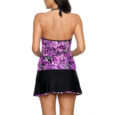 Womens Purple Dewdrop Print V-neck Open Back 2Pc Tankini Wrapped Skirt Swimsuit Set